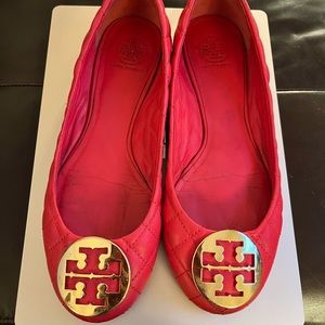 Pink/red quilted leather Tory Burch ballet flats.